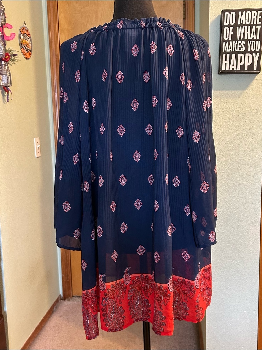 Catherine’s blue and red paisley semi sheer flowy blouse bell sleeves boho 1X - Picture 3 of 10